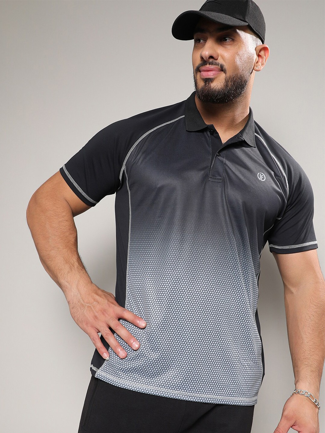 

Instafab Plus Abstract Printed Polo Collar Sports T-shirt, Black
