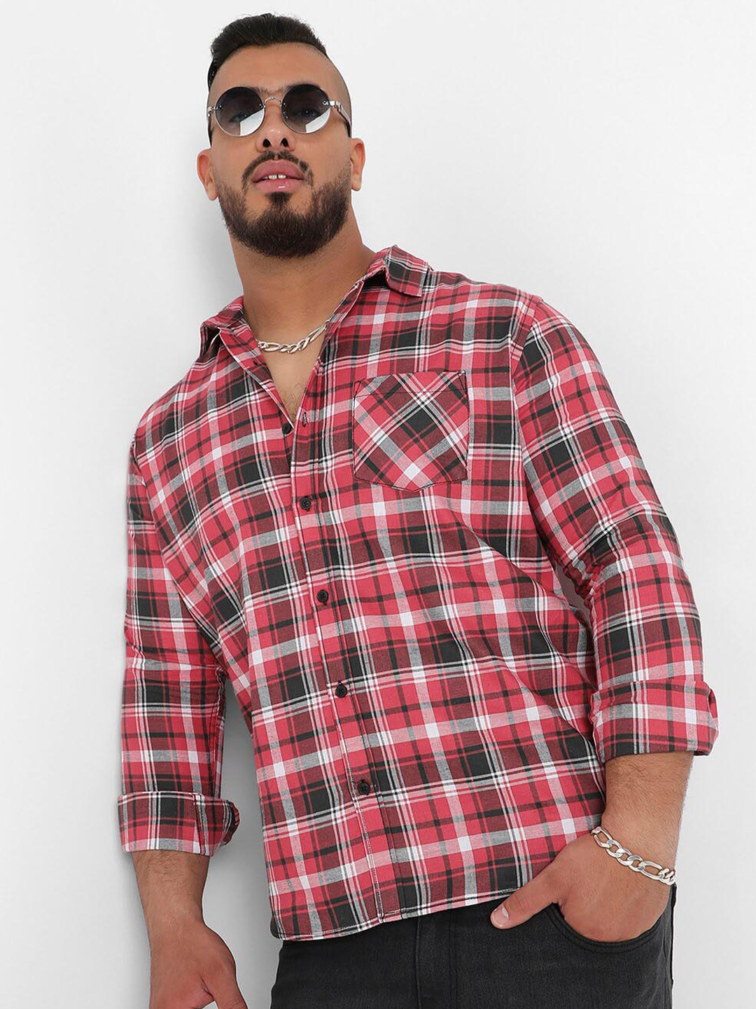 

Instafab Plus Classic Tartan Checked Cotton Casual Shirt, Red