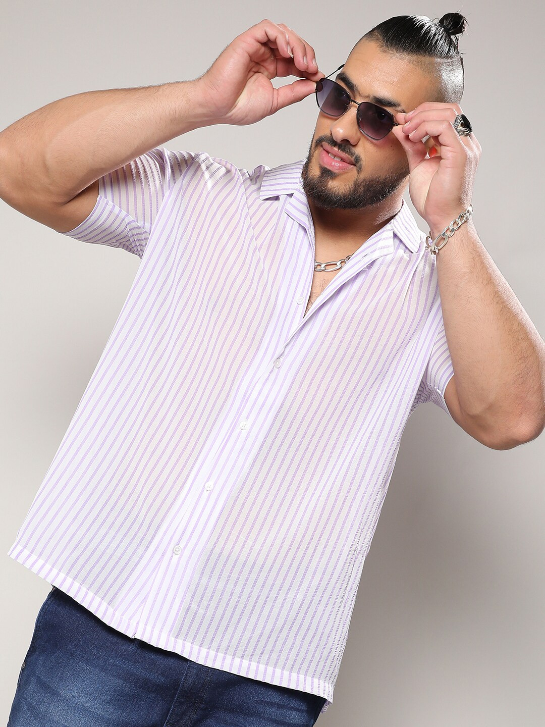 

Instafab Plus Plus Size Classic Fit Vertical Striped Semi Sheer Casual Shirt, White