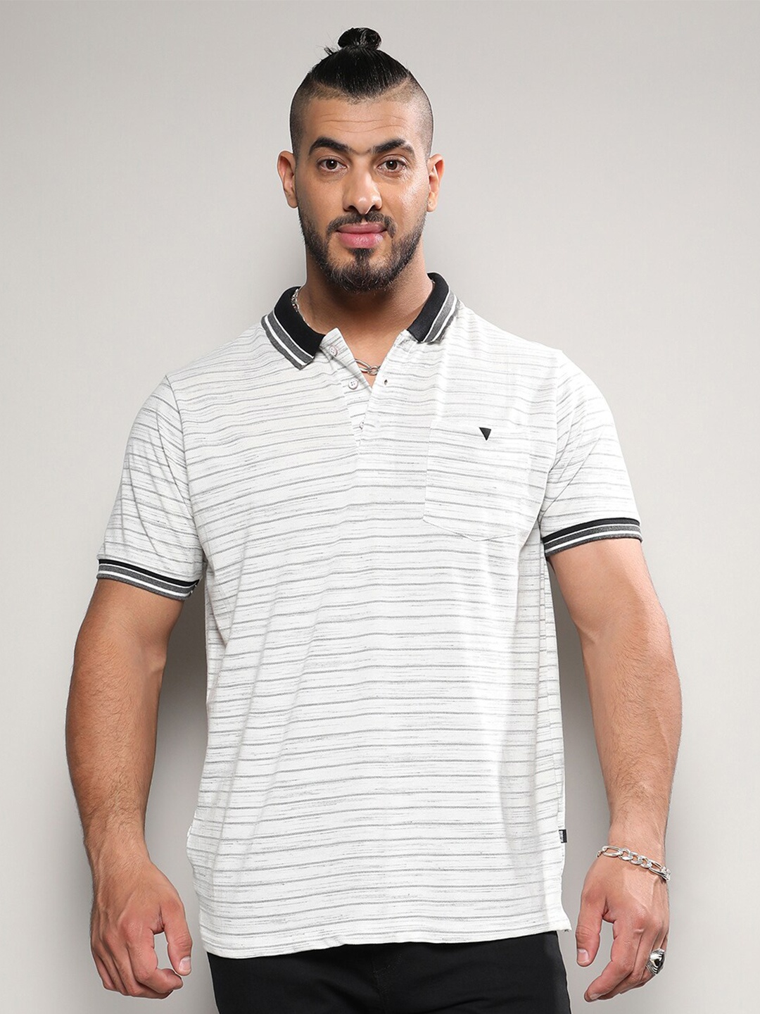 

Instafab Plus Striped Polo Collar Cotton T-shirt, Grey
