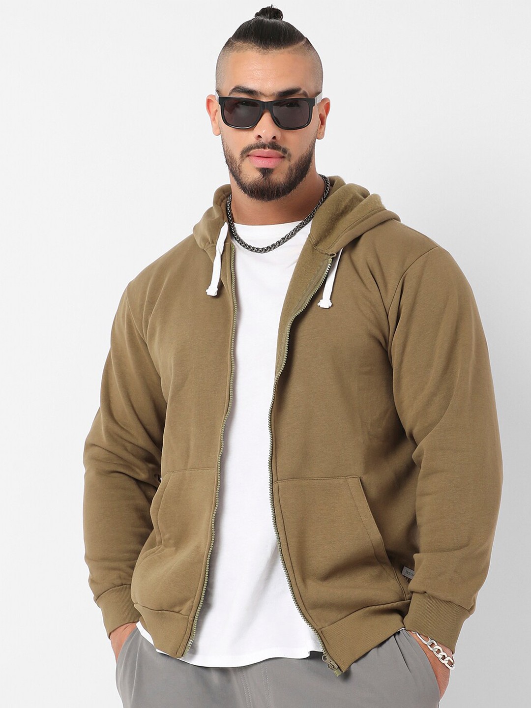 

Instafab Plus Long Sleeves Cotton Hooded Sweatshirt, Olive