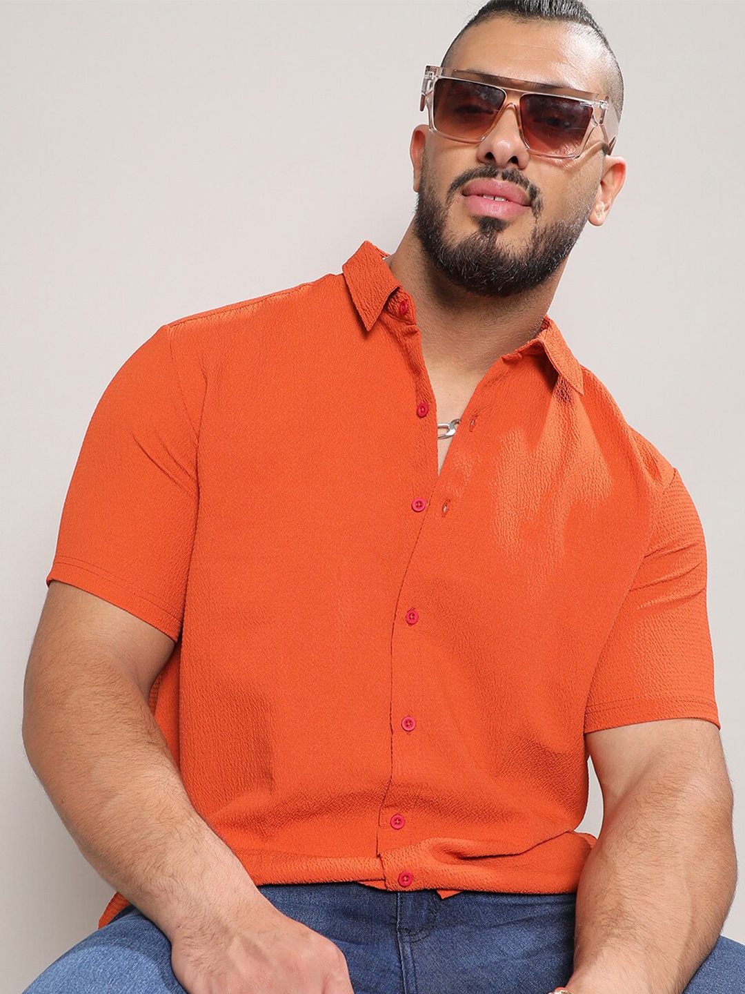 

Instafab Plus Plus Size Classic Fit Textured Casual Acrylic Shirt, Orange