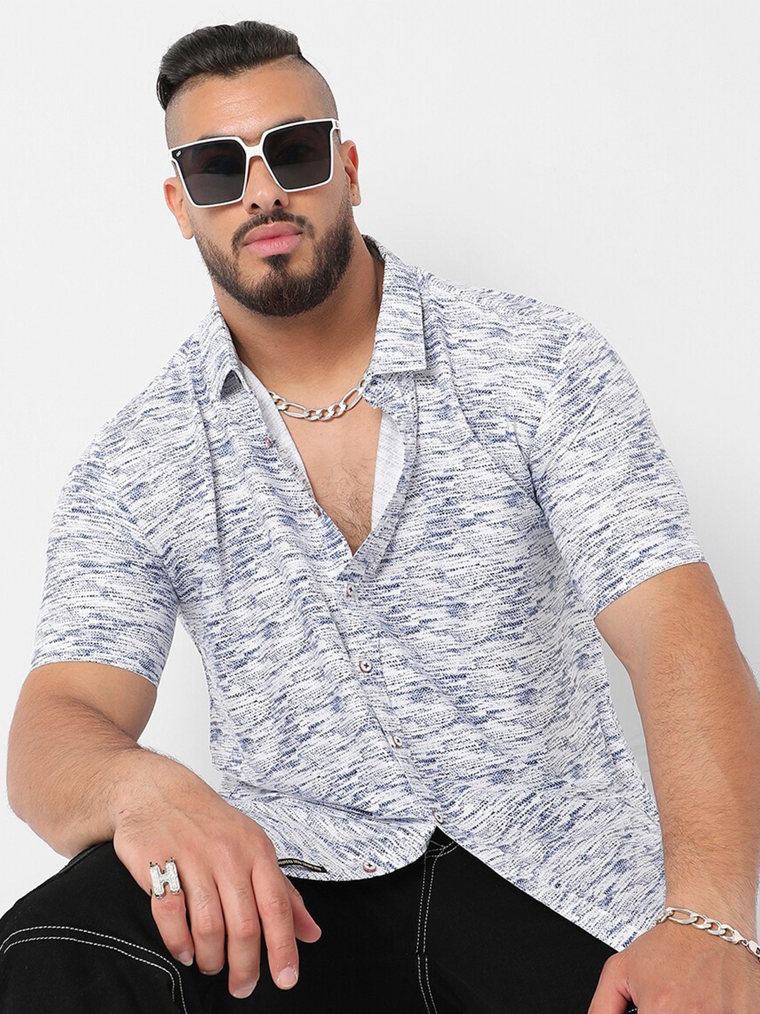 

Instafab Plus Classic Abstract Printed Spread Collar Cotton Casual Shirt, White