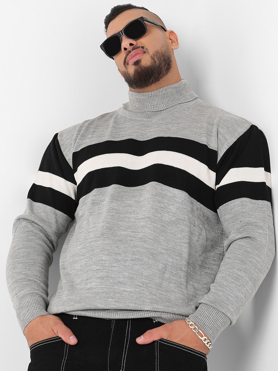 

Instafab Plus Striped Turtle Neck Woollen Pullover, Grey