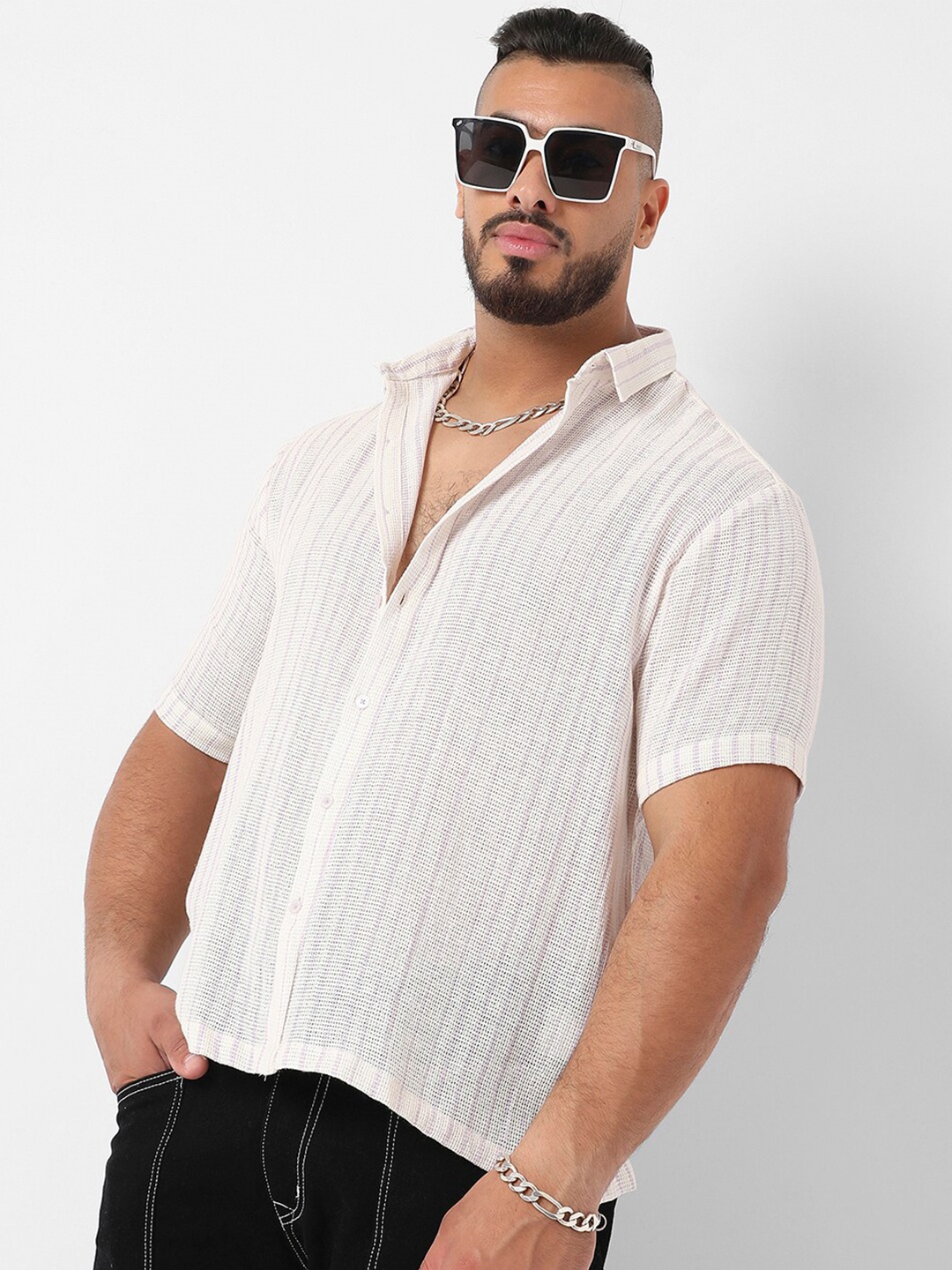 

Instafab Plus Classic Vertical Striped Cotton Casual Shirt, White