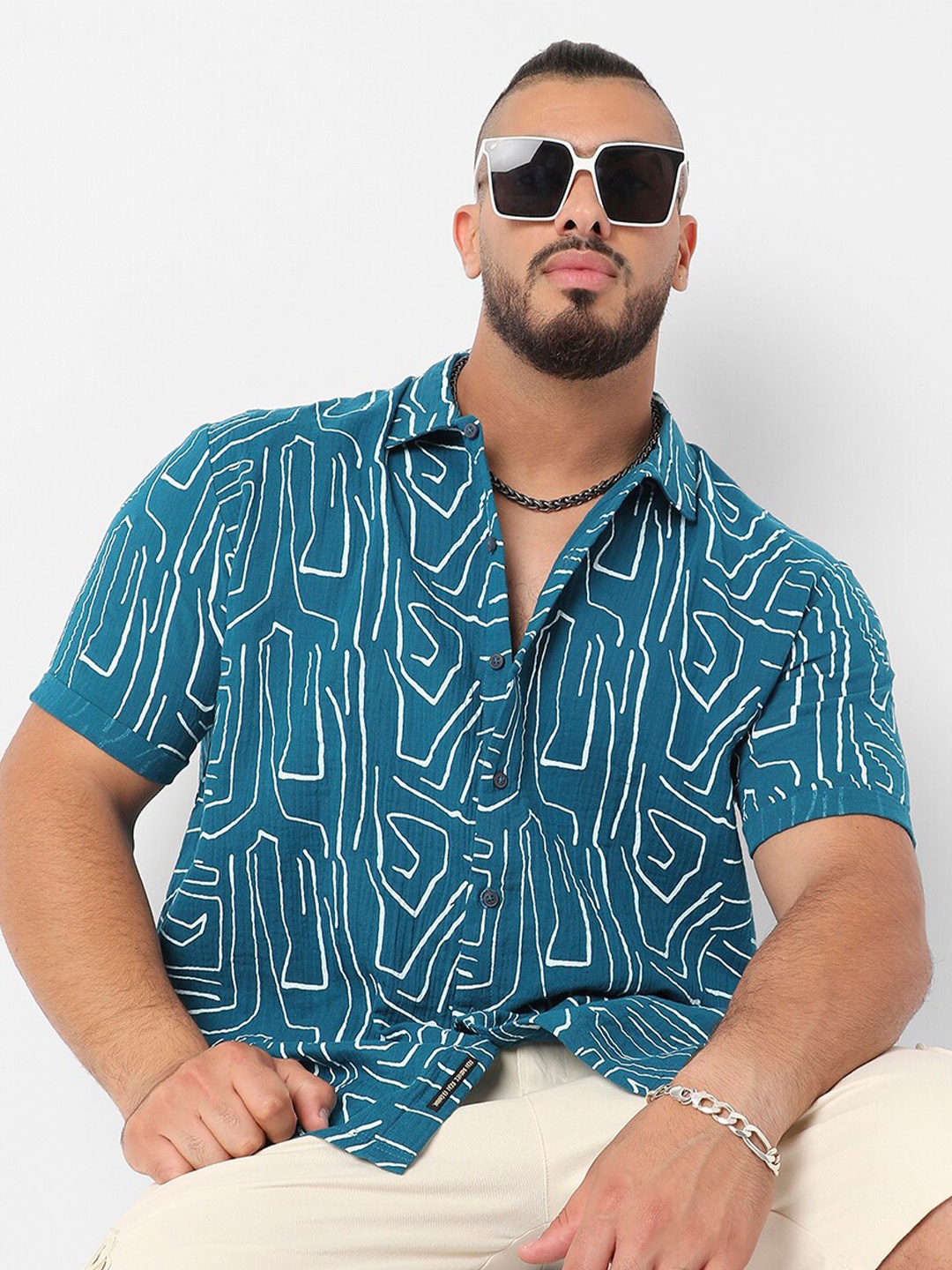 

Instafab Plus Classic Abstract Printed Cotton Casual Shirt, Teal