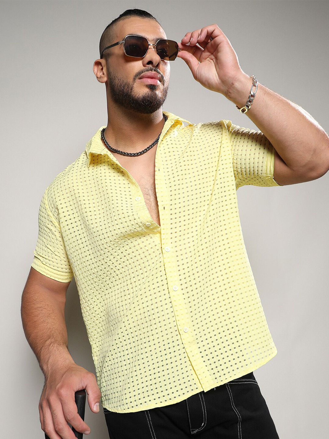 

Instafab Plus Classic Self Design Semi Sheer Casual Shirt, Yellow