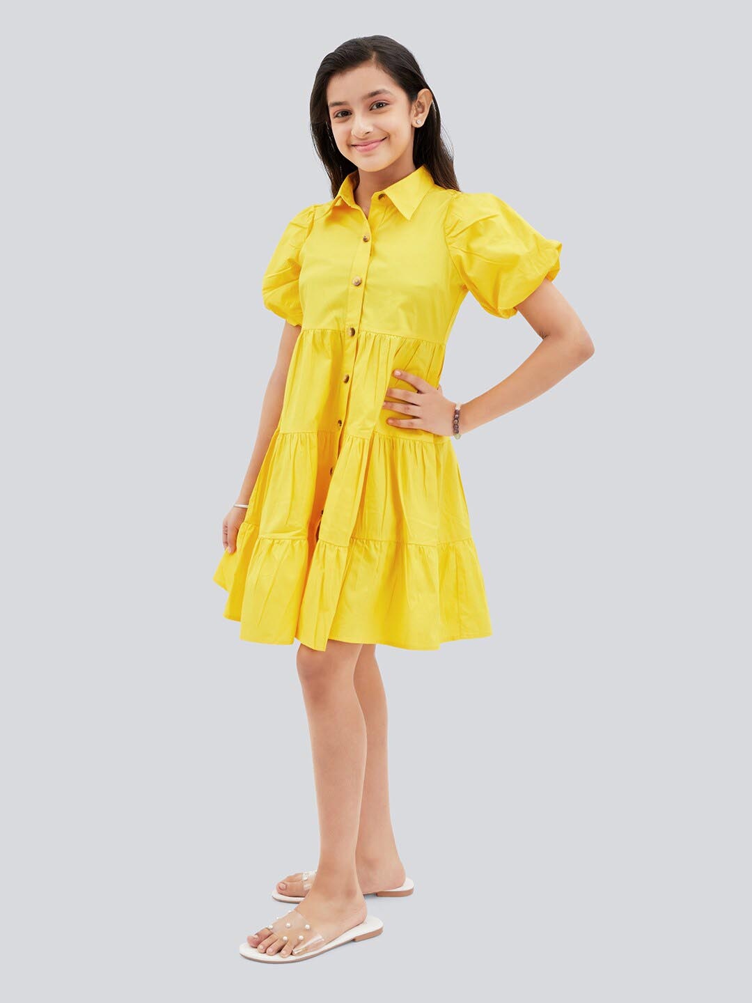 

Olele Girls Lucy Shirt Collar Flared Sleeves Gathered & Tiered Cotton Shirt Dress, Yellow