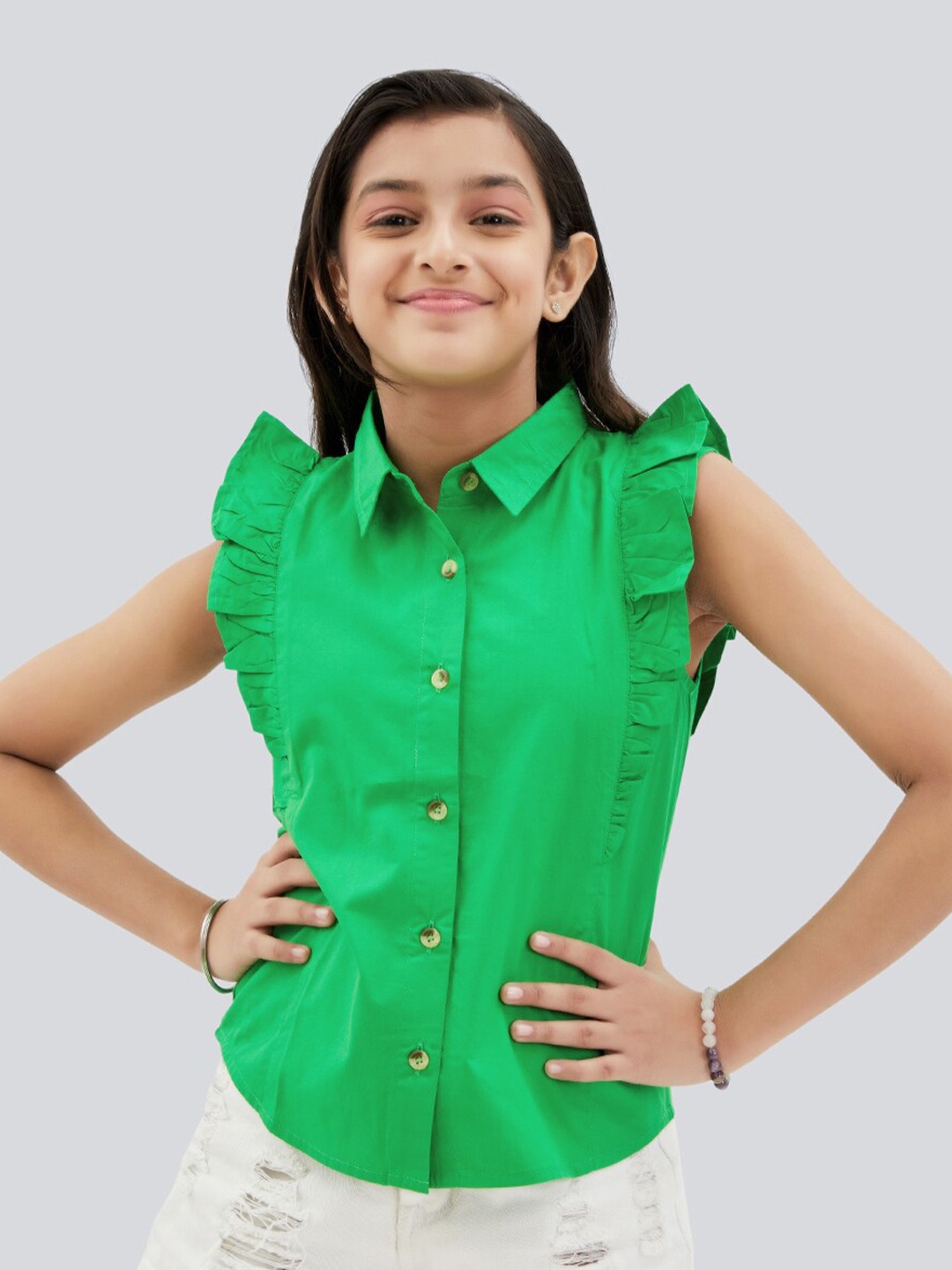 

Olele Girls Regina Ruffles Cotton Casual Shirt, Green