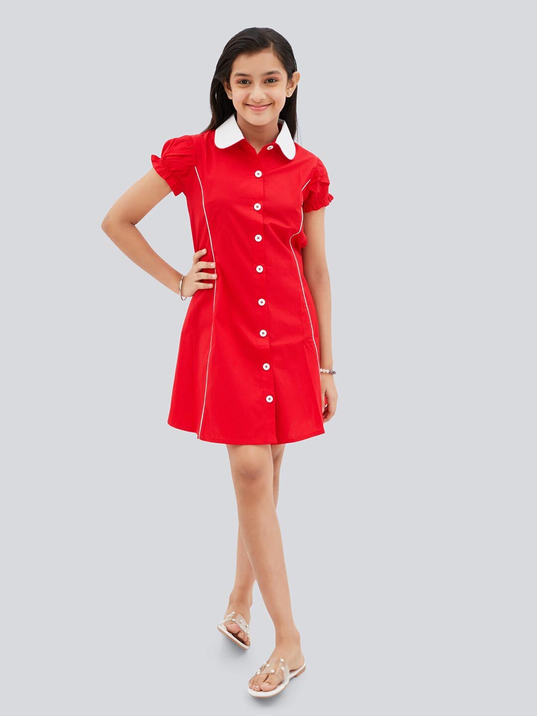 

Olele Girls Bombay Peter Pan Collar Puff Sleeves Cotton Mini Shirt Dress, Red