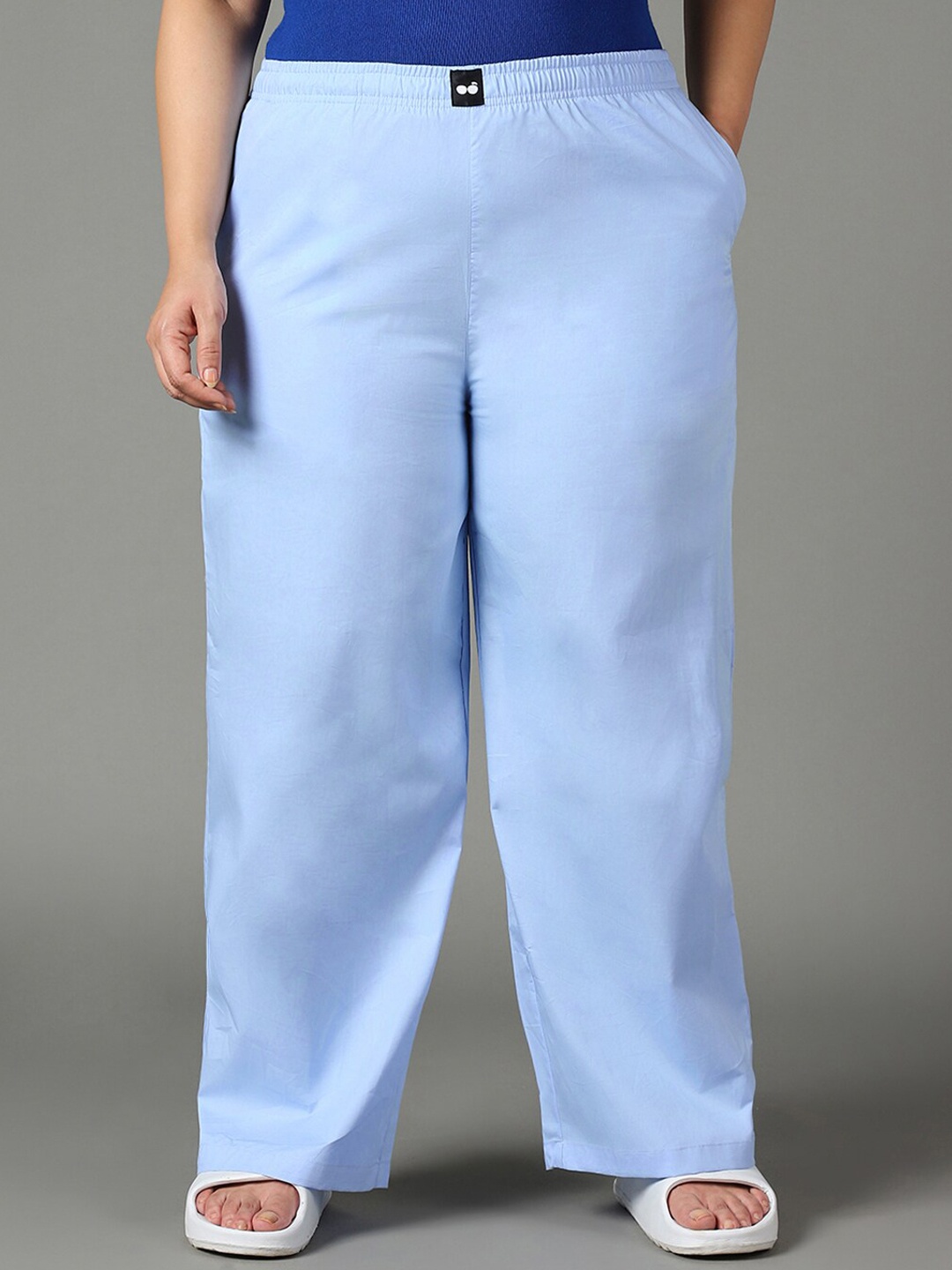

Bewakoof Plus Women Plus Size Mid-Rise Cotton Trousers, Blue