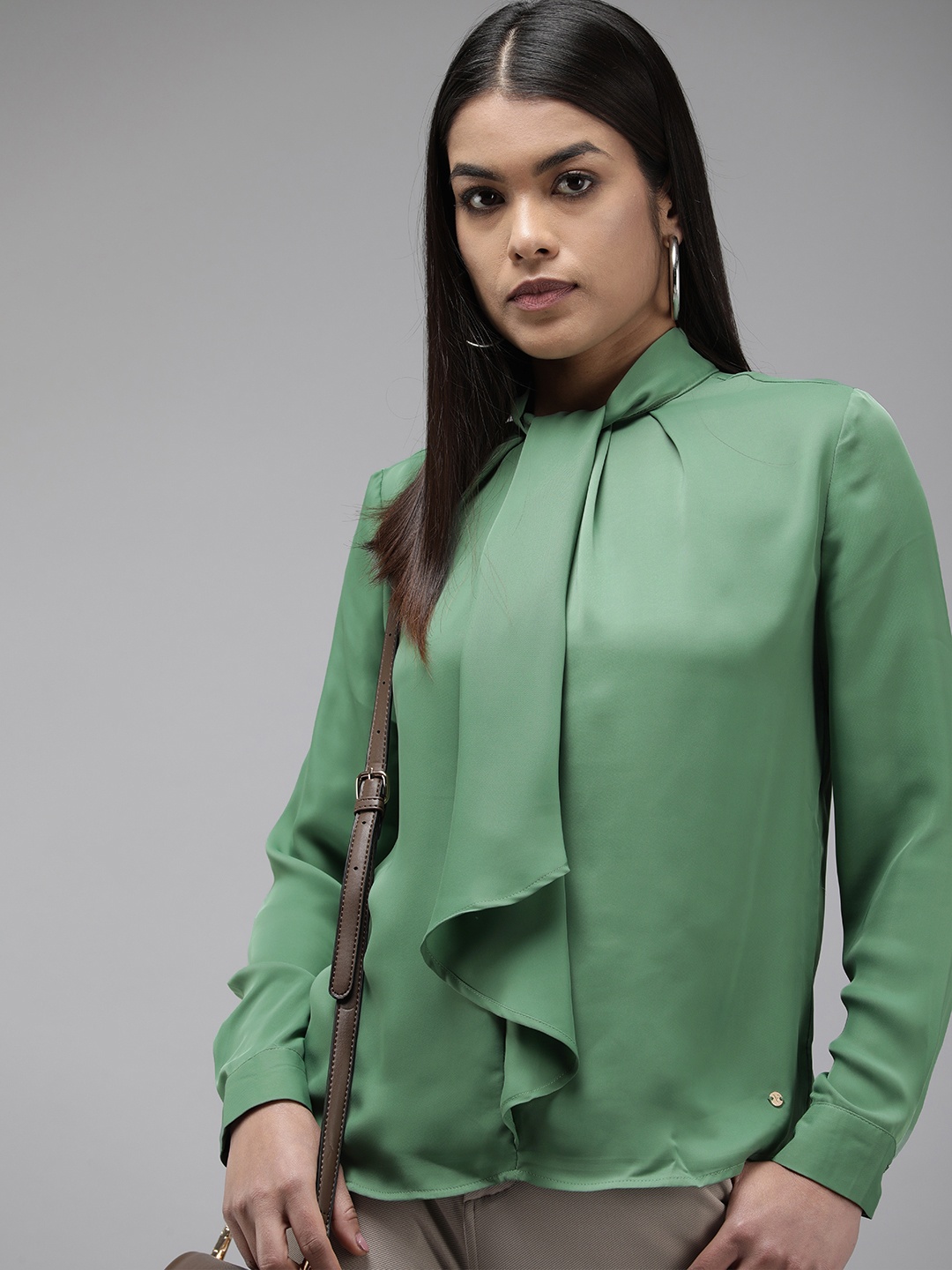 

Van Heusen Solid Cuffed Sleeves Tie-Up Neck Top, Green