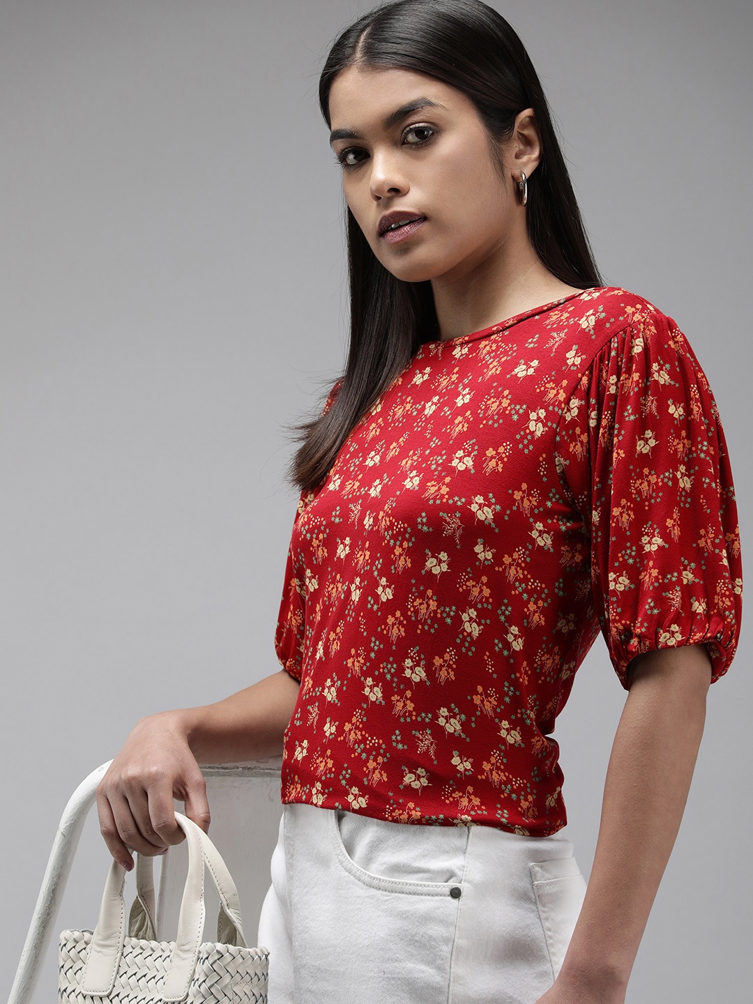 

Van Heusen Woman Floral Printed Puff Sleeves Top, Red