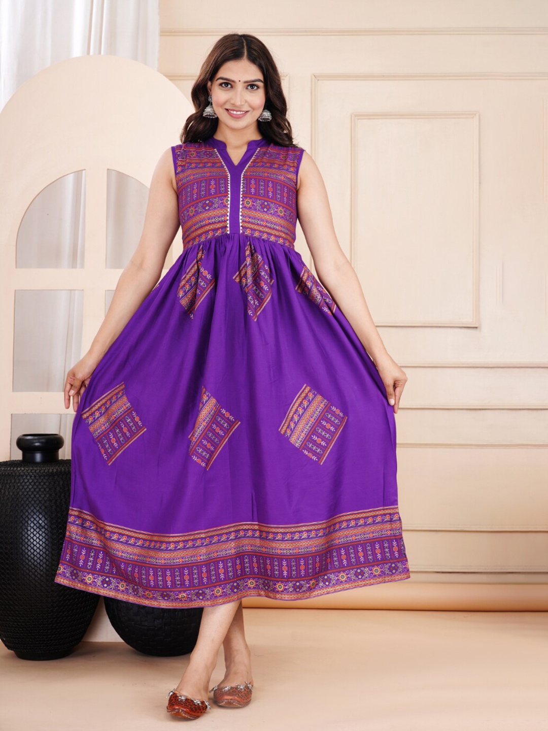 

KALINI Ethnic Motifs Printed Mandarin Collar Gathered Detailed Fit & Flare Ethnic Dress, Purple