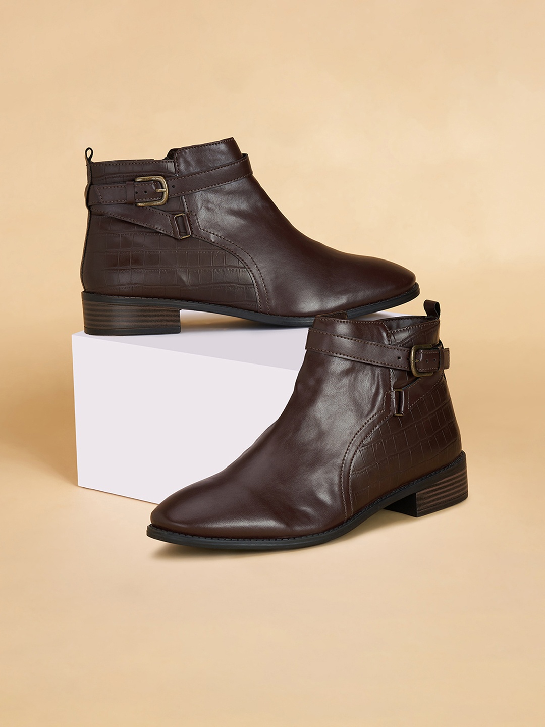 

Forever Glam by Pantaloons Women Block-Heeled Buckle Detail Mid-Top Regular Boots, Brown