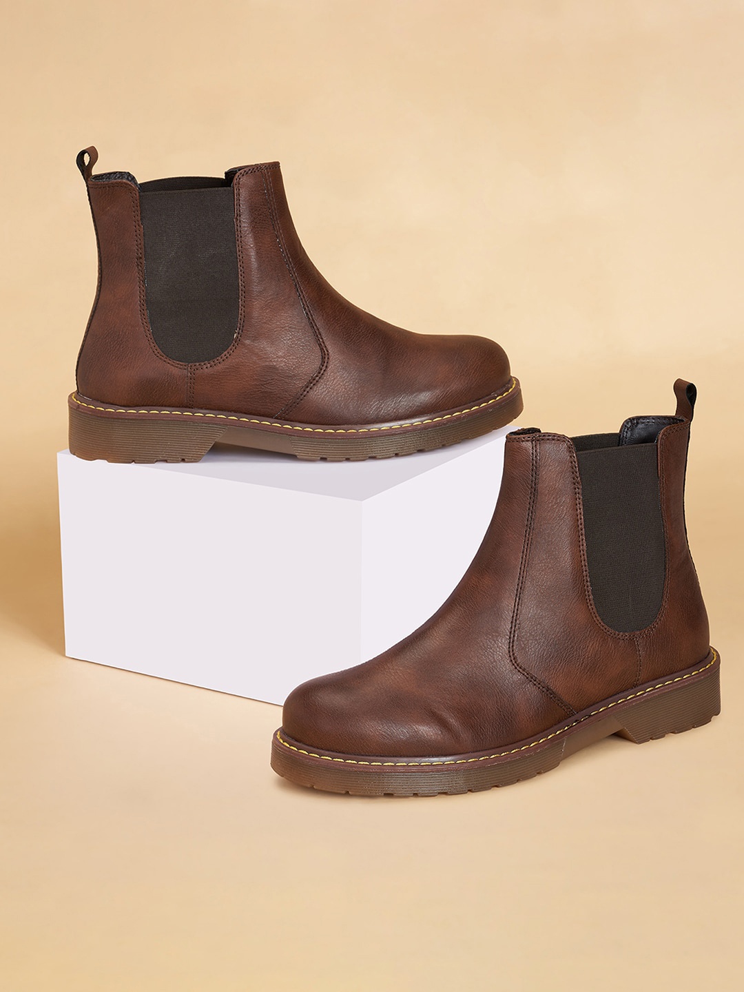 

Forever Glam by Pantaloons Women Textured Heeled Mid-Top Chelsea Boots, Brown