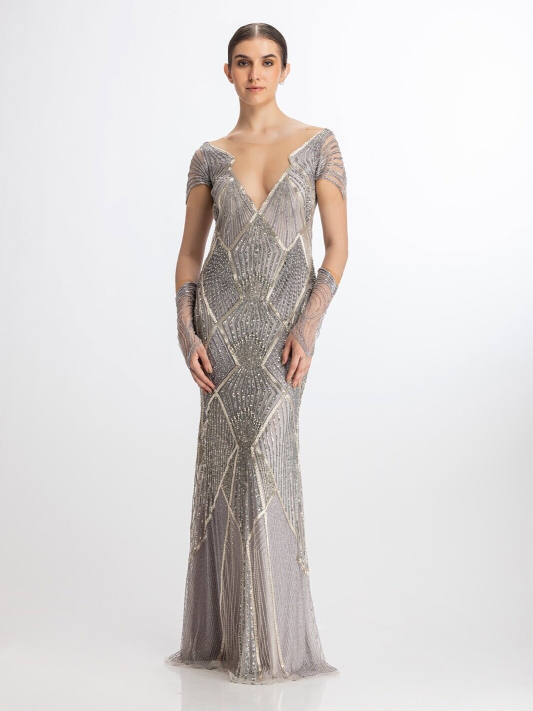 

BHAWNA RAO Embellished V-Neck Net Maxi Dress, Grey