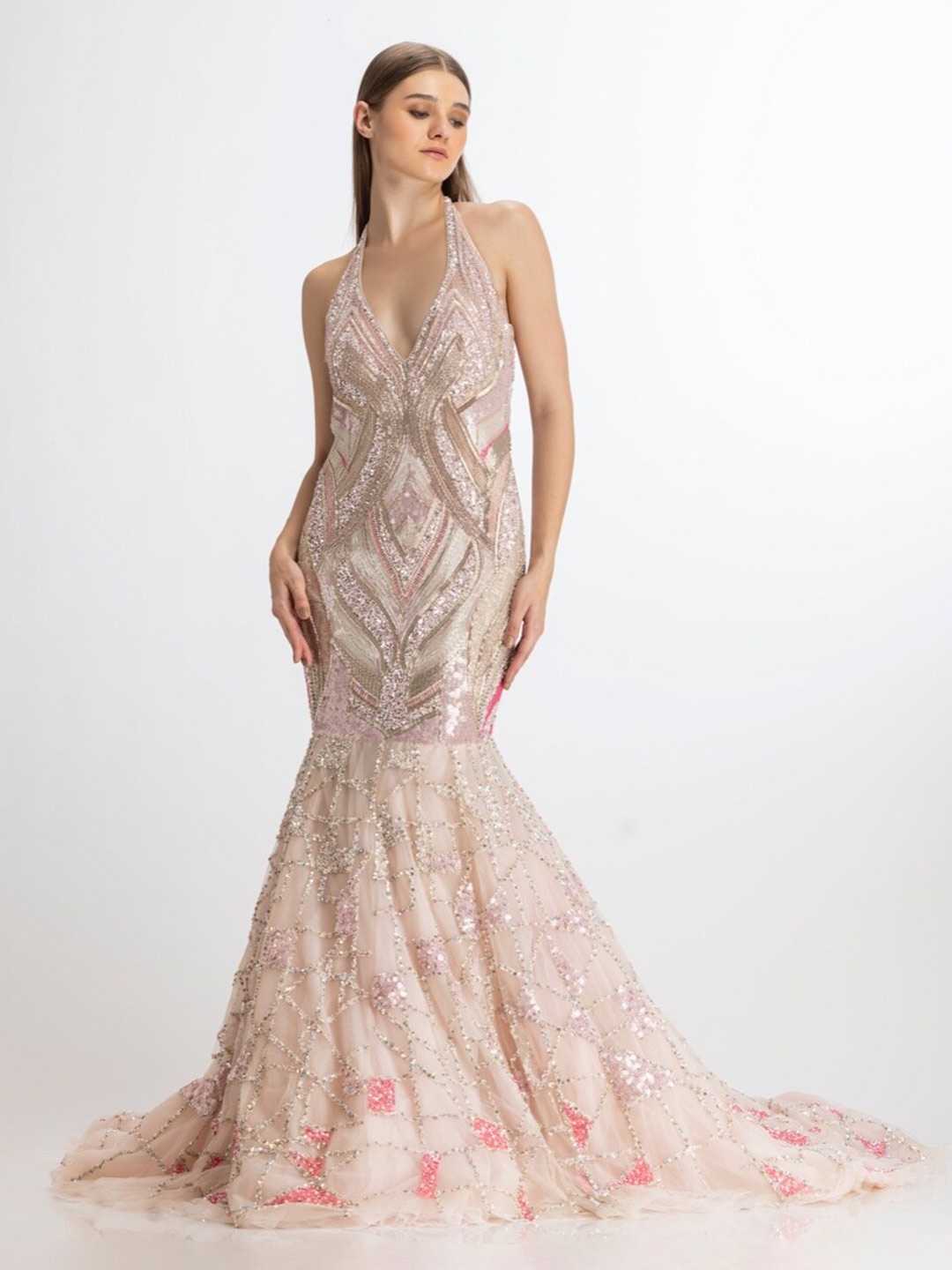 

BHAWNA RAO Embellished Halter Neck Net Maxi Dress, Pink