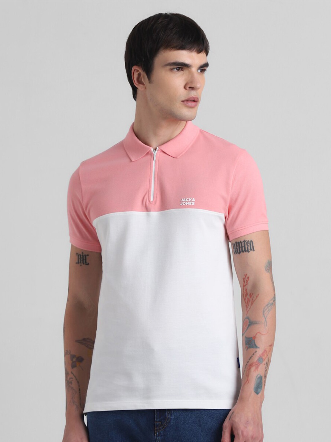 

Jack & Jones Colourblocked Polo Collar Slim Fit Pure Cotton T-shirt, Pink