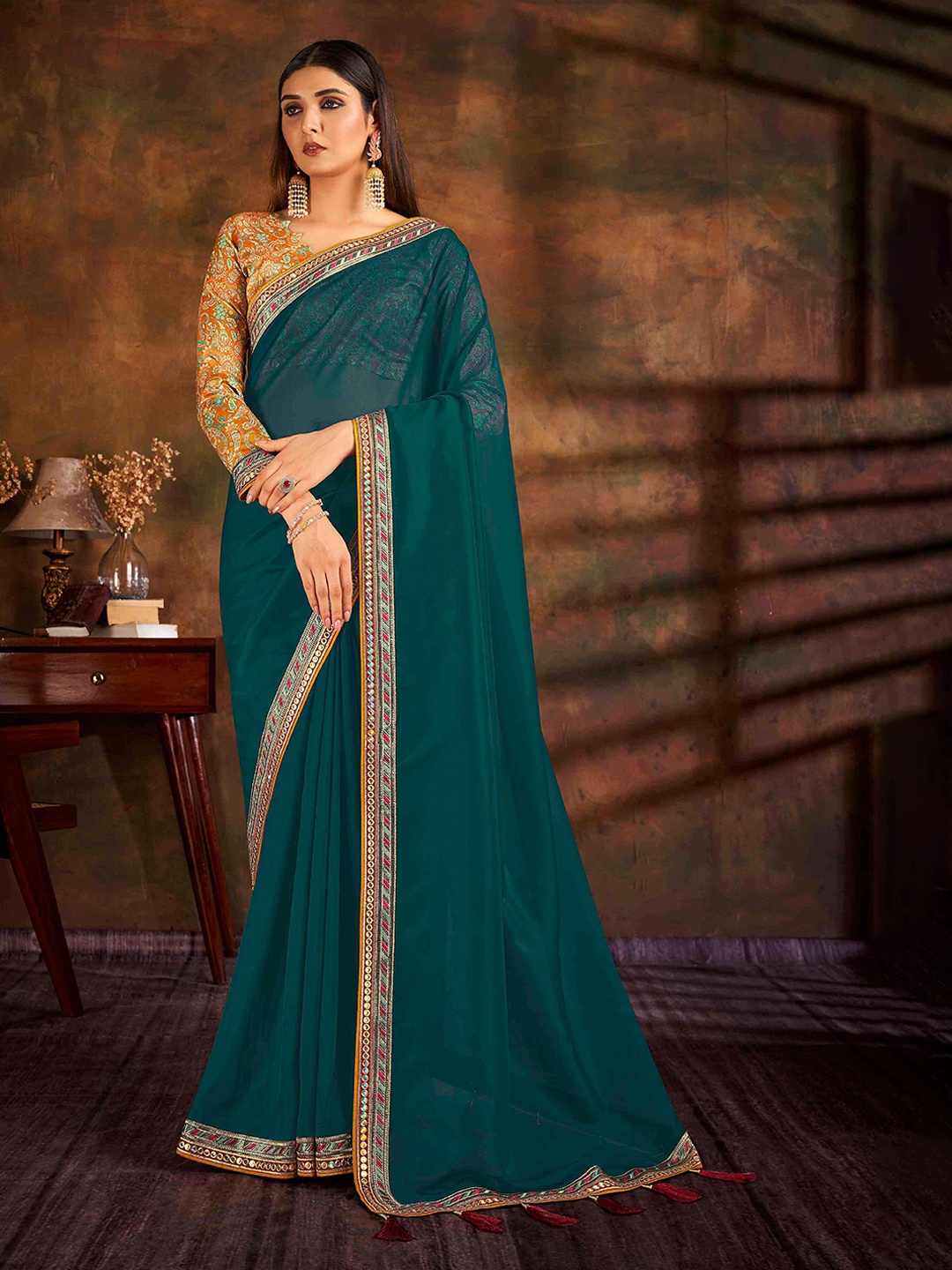 

HASRI Embroidered Organza Saree, Green