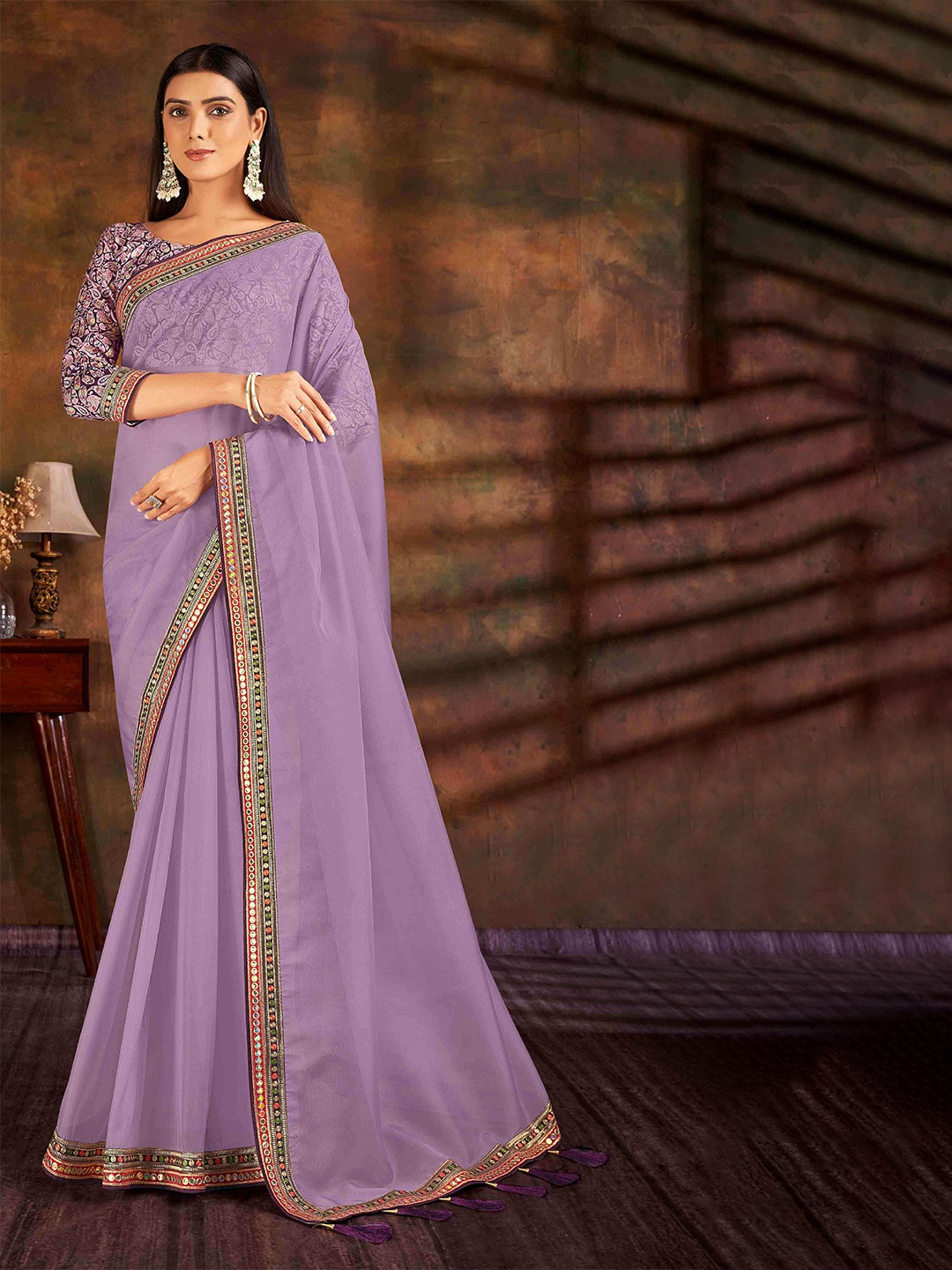 

HASRI Embroidered Organza Saree, Purple