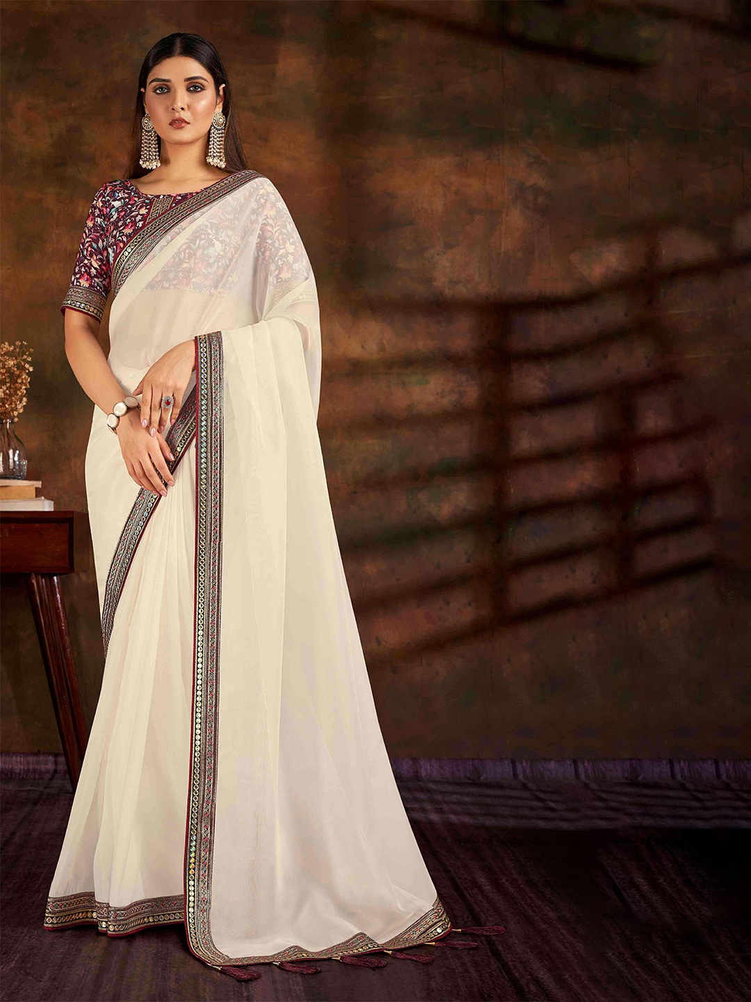 

HASRI Embroidered Organza Saree, White