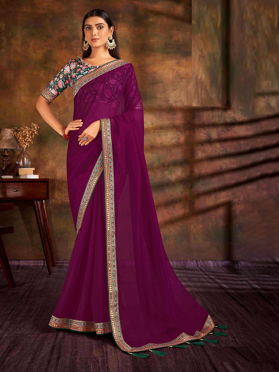 

HASRI Embroidered Organza Saree, Magenta