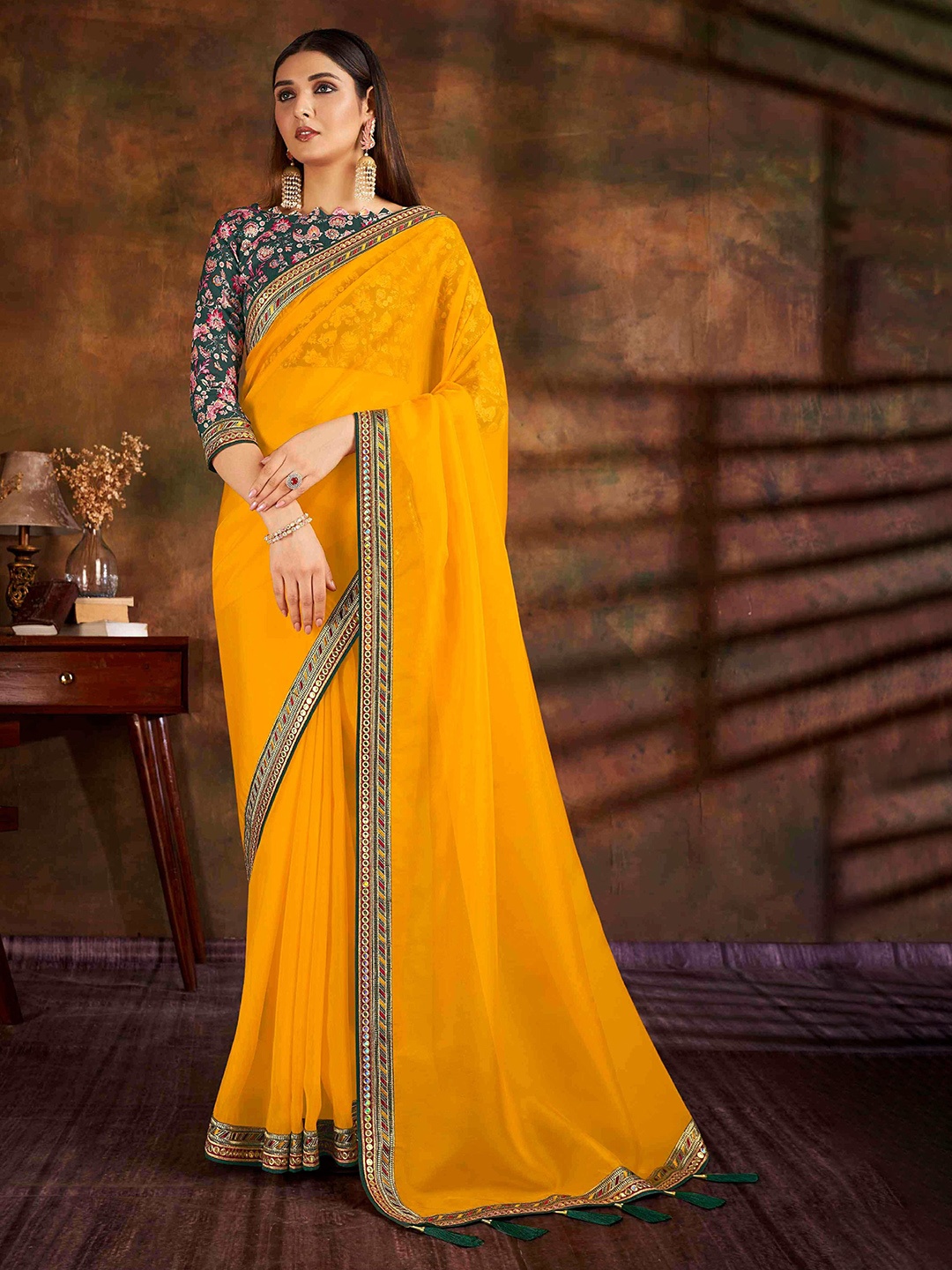 

HASRI Embroidered Organza Saree, Yellow