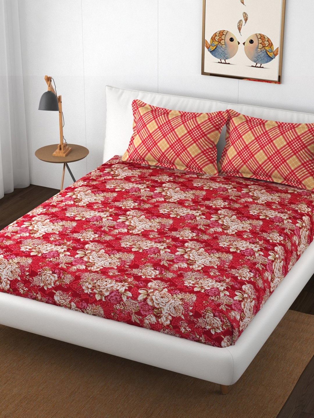 

Stuffique Red & Beige Floral 144 TC King Fitted Bedsheet With 2 Pillow Covers