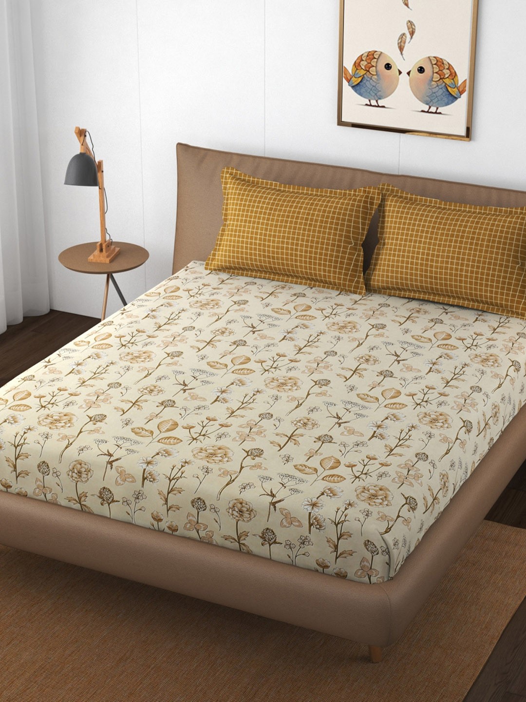 

Stuffique Beige & Mustard Floral 144 TC Queen Fitted Bedsheet With 2 Pillow Covers