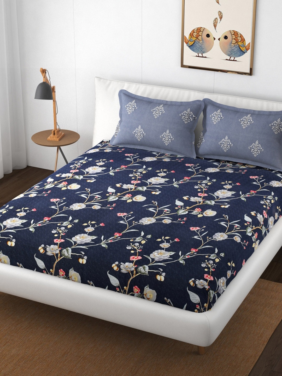 

Stuffique Navy Blue & Grey Floral 144 TC Queen Fitted Bedsheet With 2 Pillow Covers