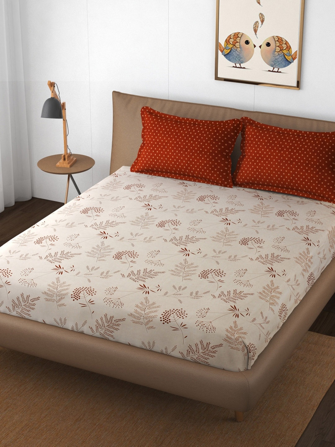 

Stuffique Beige & Maroon Floral 144 TC King Fitted Bedsheet With 2 Pillow Covers