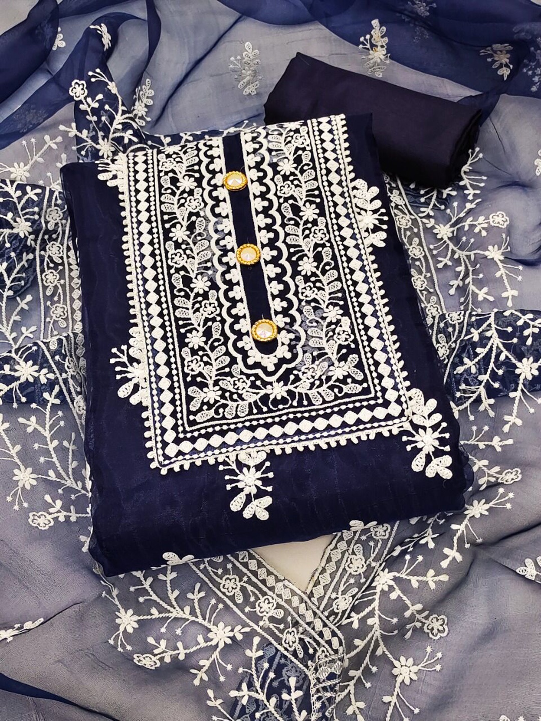 

FABDYOR Navy Blue Embroidered Organza Unstitched Dress Material