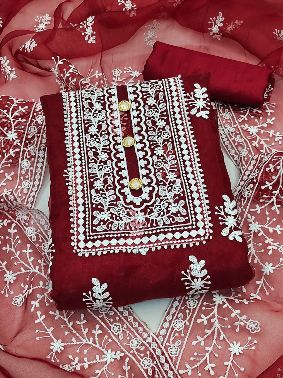 

FABDYOR Ethnic Motifs Embroidered Organza Unstitched Dress Material, Maroon