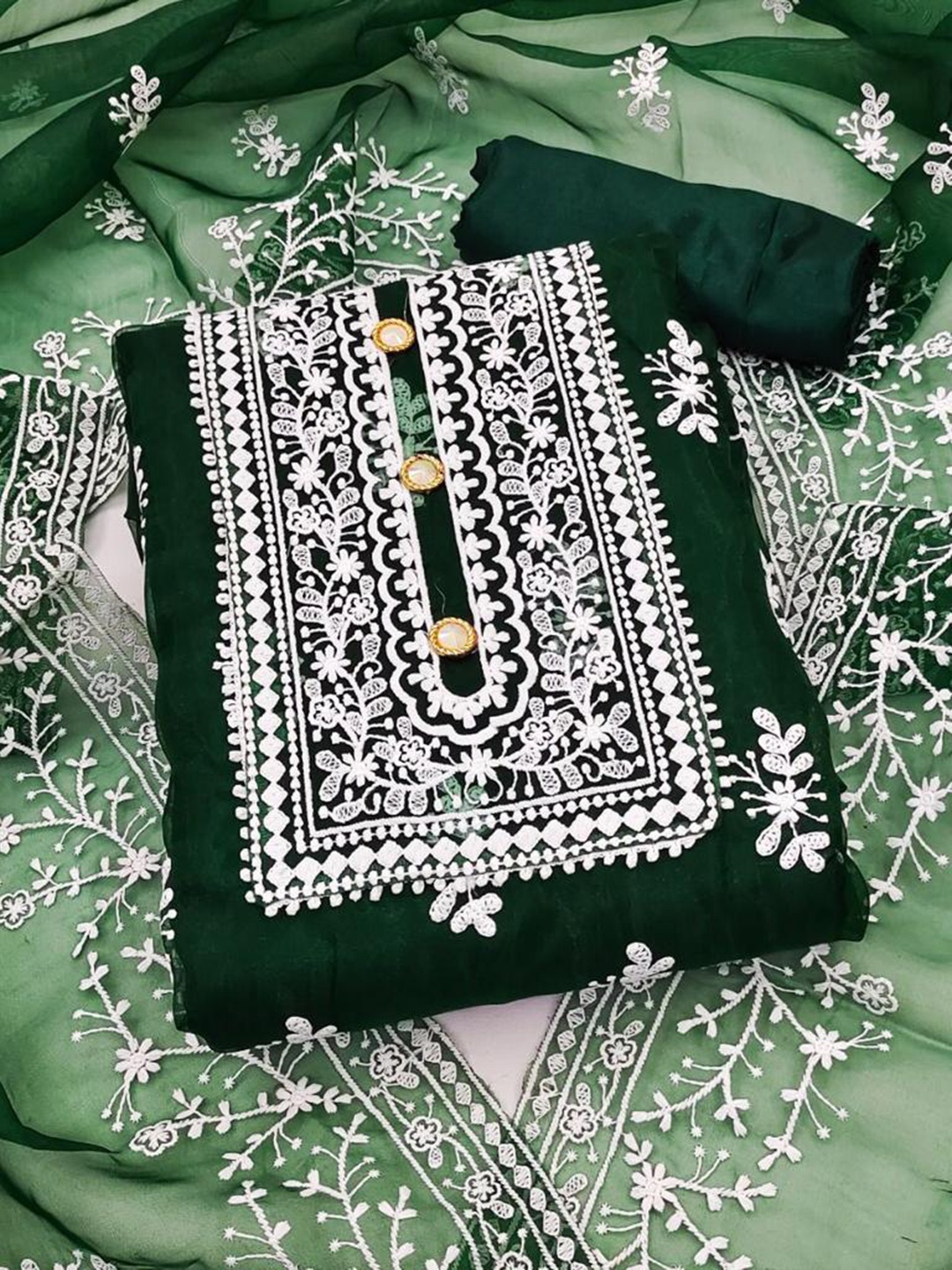

FABDYOR Green Embroidered Organza Unstitched Dress Material