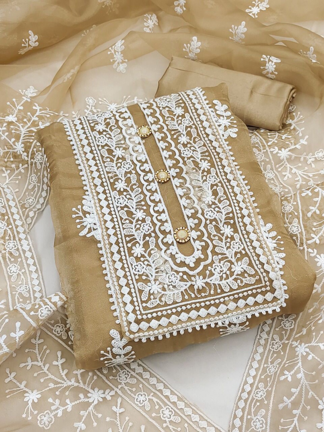 

FABDYOR Beige Embroidered Organza Unstitched Dress Material