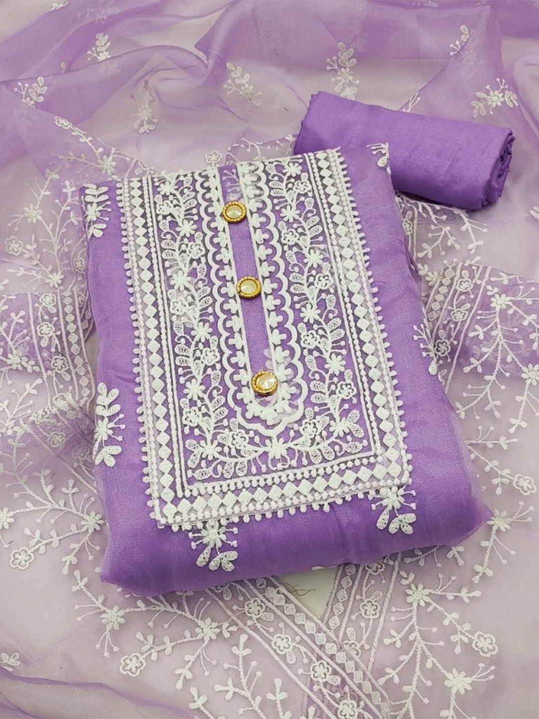 

FABDYOR Ethnic Motifs Embroidered Organza Unstitched Dress Material, Lavender