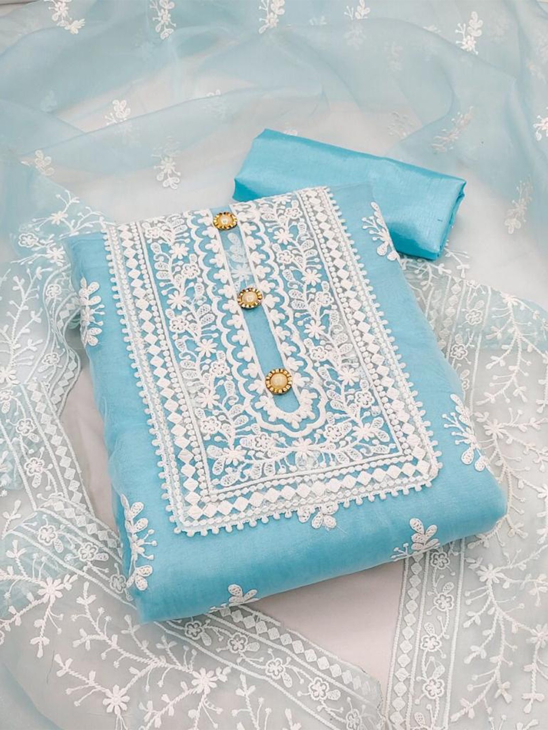 

FABDYOR Turquoise Blue Embroidered Organza Unstitched Dress Material