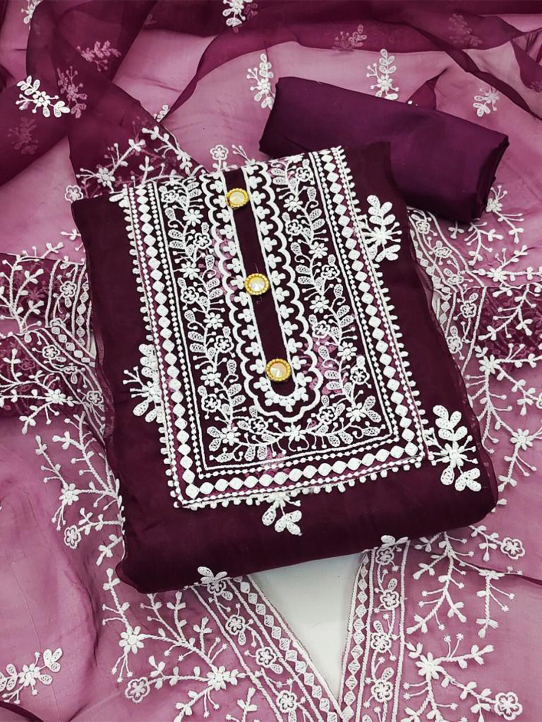 

FABDYOR Ethnic Motifs Embroidered Organza Unstitched Dress Material, Maroon