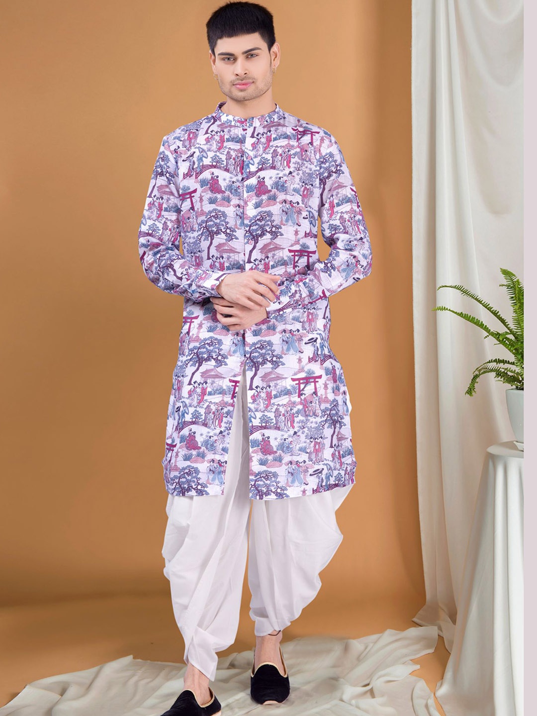 

SHIWAM ETHNIX Ethnic Motifs Printed Band Collar Long Sleeve Kurta With Dhoti Pant, Purple