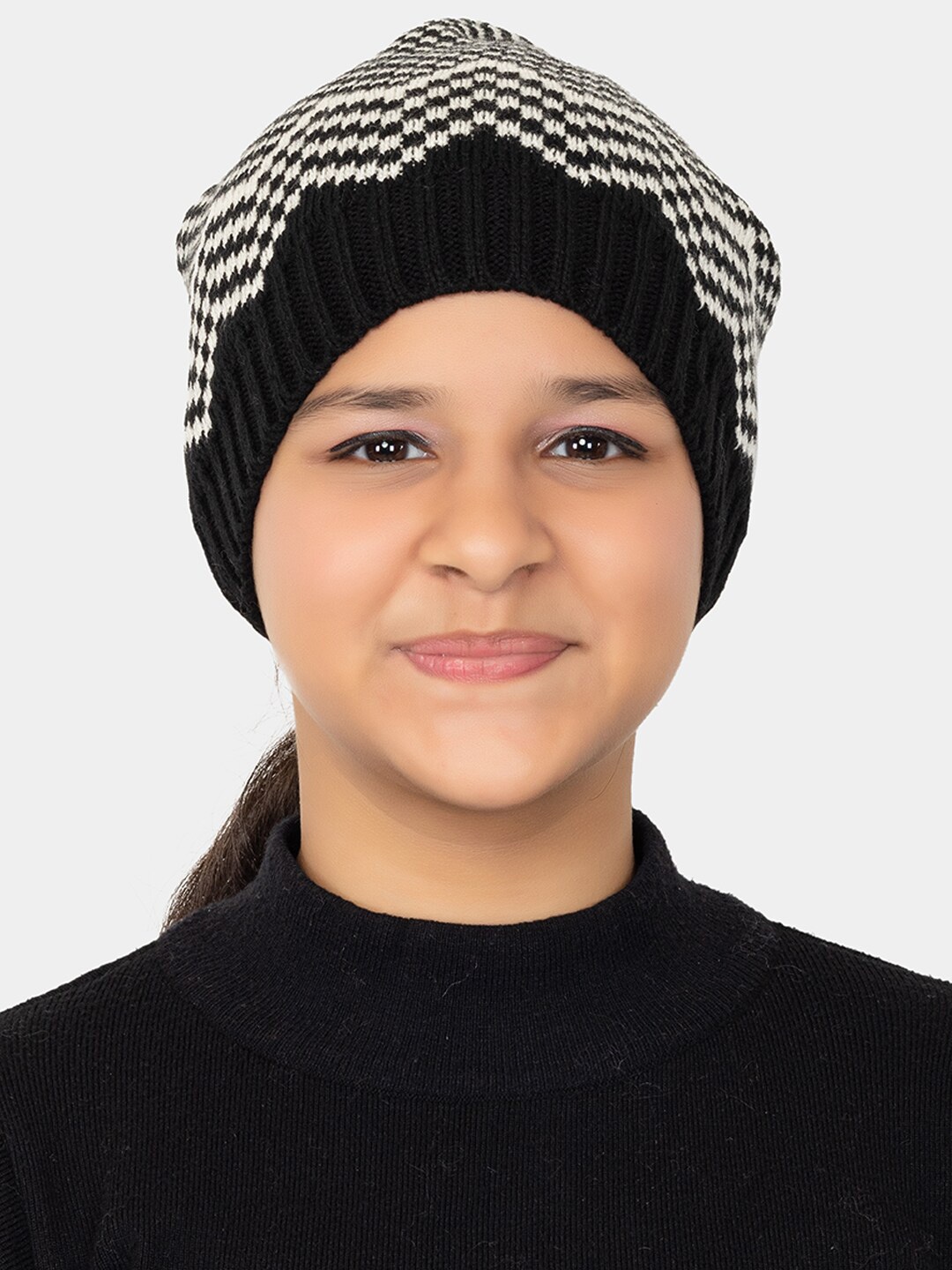 

513 Girls Self Design Pompom Detail Acrylic Beanie, Black
