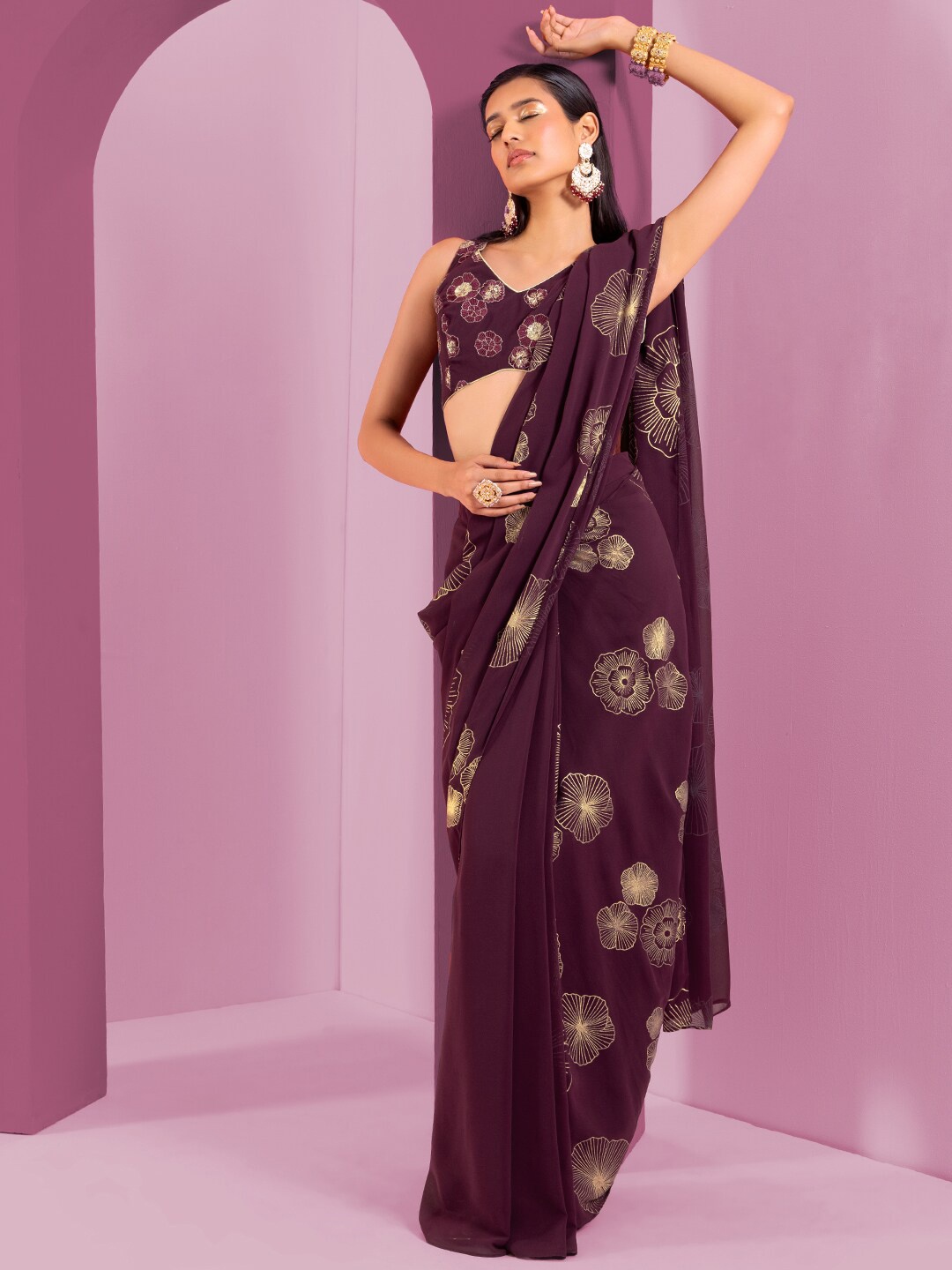 

INDYA Purple Floral Poly Georgette Saree