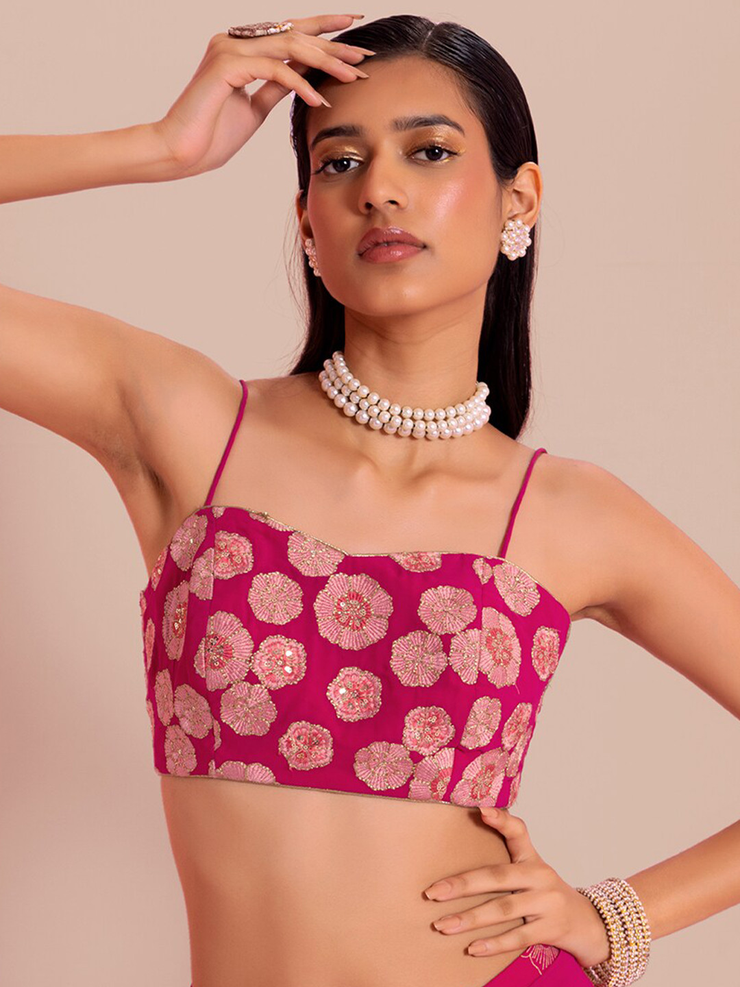 

Indya X Nachiket Floral Embroidered Saree Blouse, Pink