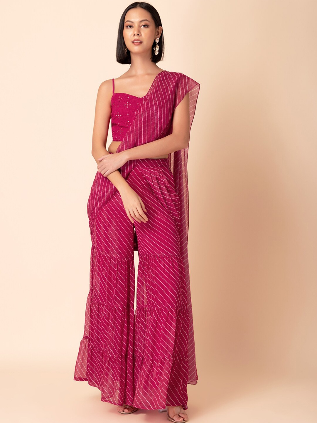 

INDYA Leheriya Printed Sharara With Embroidered Blouse & Attached Drape, Pink