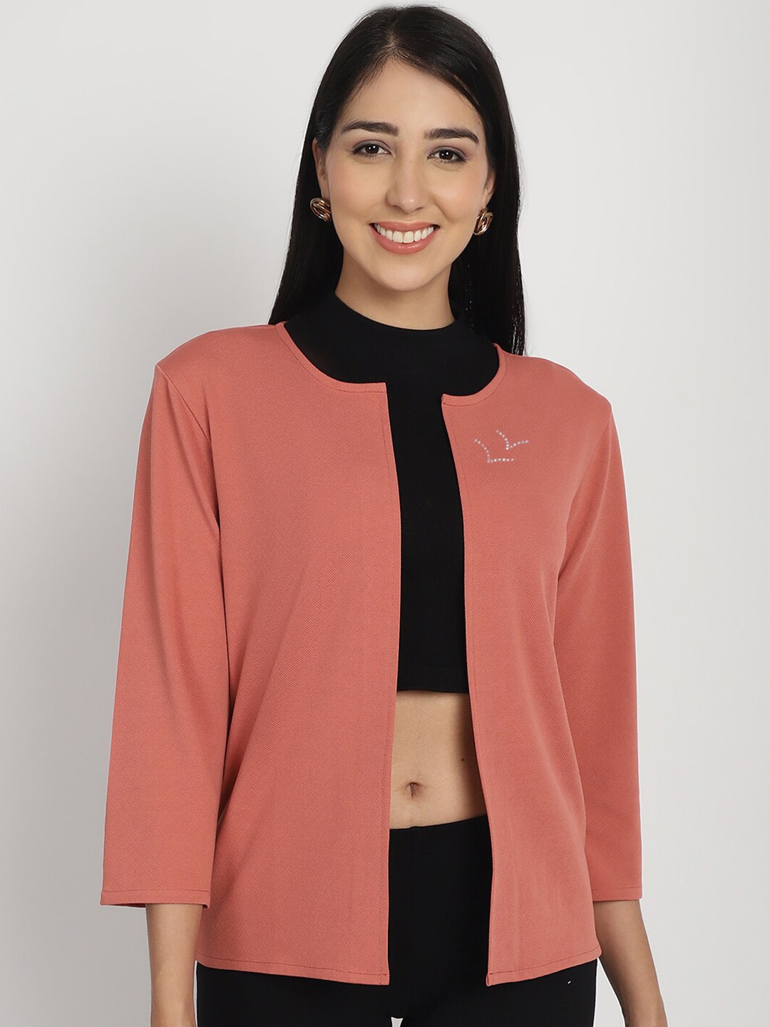 

urSense Three-Quarter Sleeves Open Front Shrug, Peach