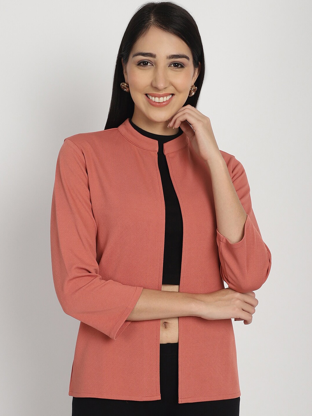 

urSense Three-Quarter Sleeves Open Front Shrug, Peach