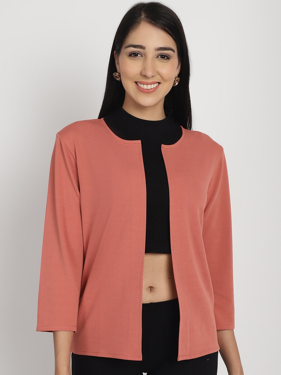 

urSense Three-Quarter Sleeves Open Front Shrug, Peach