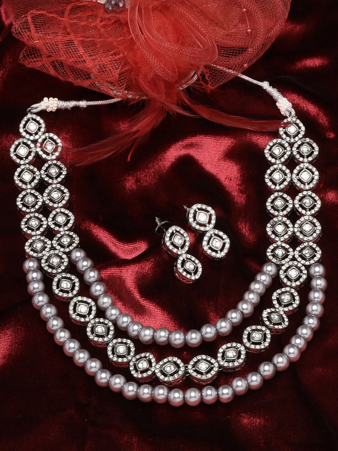 

ADIVA Rhodium-Plated AD-Studded & Pearl-Beaded Jewellery Set, Silver