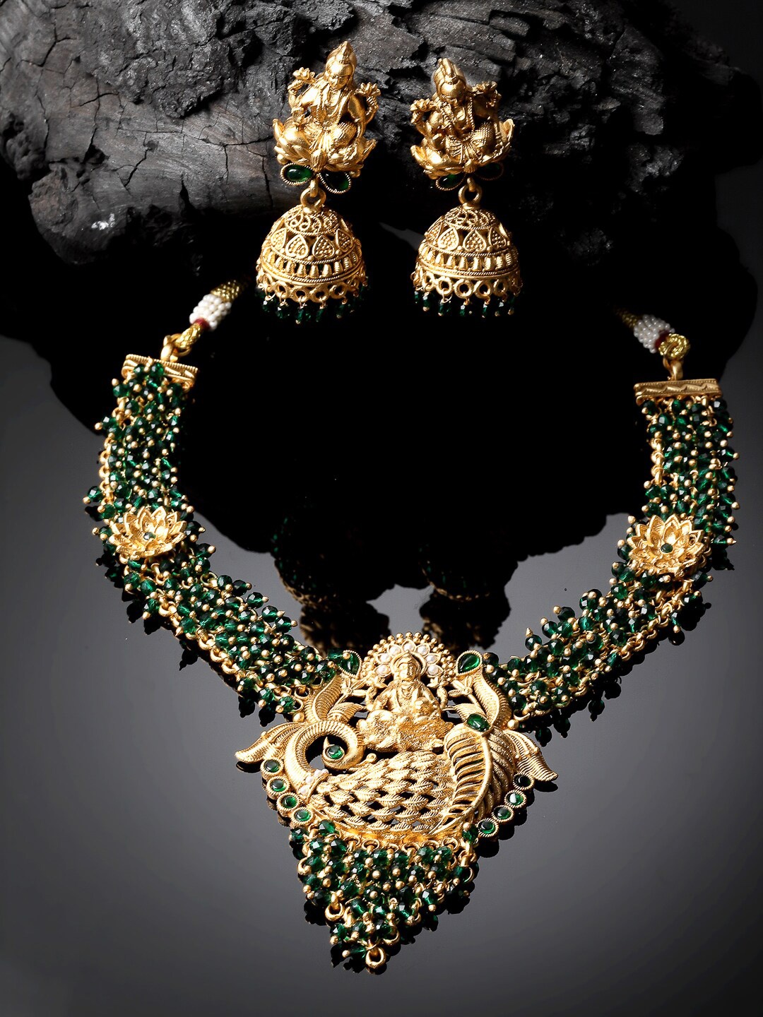 

ADIVA Gold-Plated Stones Studded & Beads Beaded Temple Necklace With Earrings