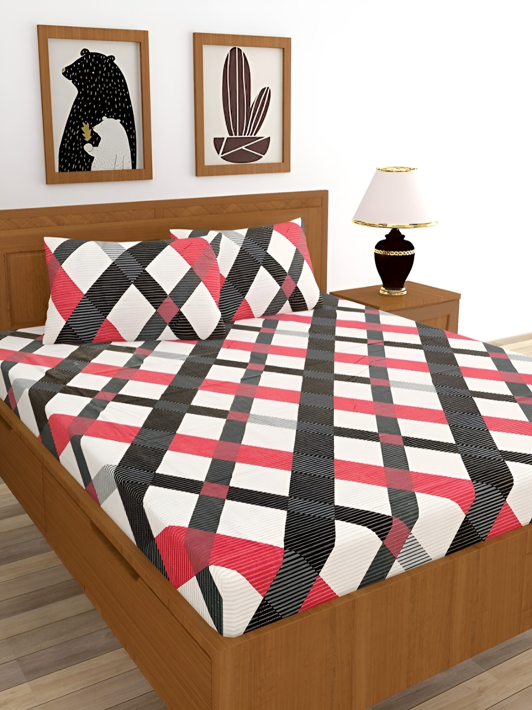 

BREVARD White & Red Striped Cotton 210 TC Queen Size Bedsheet with 2 Pillow Covers